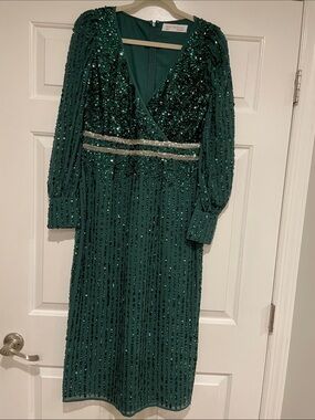 Mac Duggal Emerald Green Sequined Midi Dress with Beaded Waist